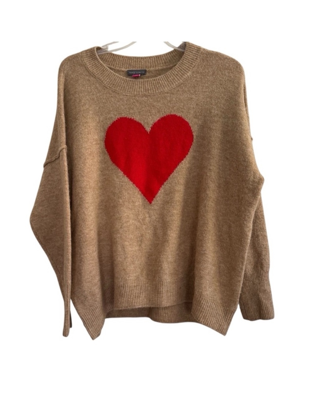 Vince Camuto Red Heart Camel Tan Sweater Pullover Novelty Festive Holiday S